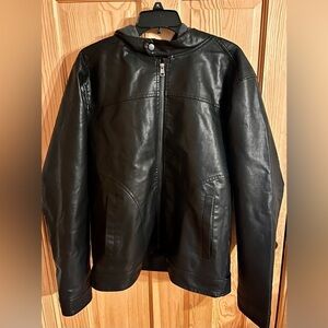 Ring of Fire Black Mens Large Faux Leather Hooded Bomber Jacket Fleece Lined New